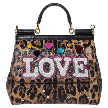 Pre Owned Dolce & Gabbana Brown/Black Leopard Print Leather LOVE Medium Miss Sicily Bag