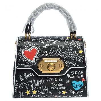 Pre Owned Dolce & Gabbana Black Mural Print Leather Medium Welcome Satchel Bag