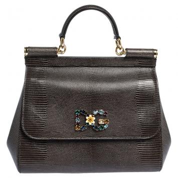 Pre Owned Dolce & Gabbana Dark Grey Iguana Embossed Leather Crystal DG Logo Medium Miss Sicily Bag