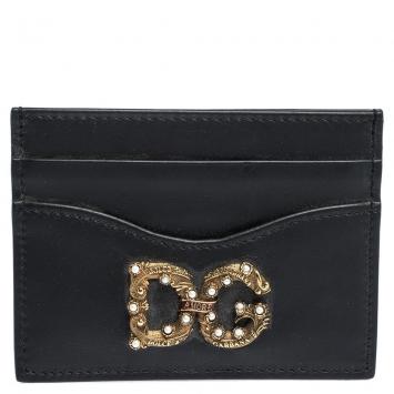 Pre Owned Dolce & Gabbana Black Leather DG Amore Card Holder