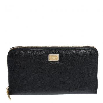 Pre Owned Dolce & Gabbana Black Leather Zip Around Wallet