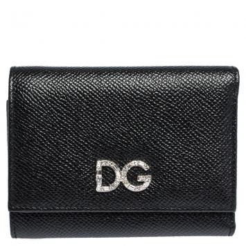 Pre Owned Dolce & Gabbana Black Leather DG Rhinestone Trifold Wallet