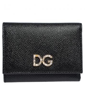 Pre Owned Dolce & Gabbana Black Leather DG Rhinestone Trifold Wallet