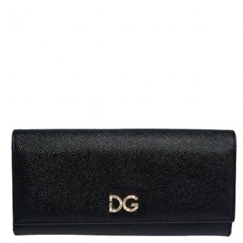 Pre Owned Dolce & Gabbana Black Leather Logo Foldover Wallet