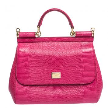 Pre Owned Dolce & Gabbana Fuchsia Iguana Embossed Leather Medium Miss Sicily Bag