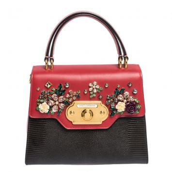 Pre Owned Dolce & Gabbana Black/Red Iguana Embossed Leather Crystal Embellished Small Welcome Satchel Bag