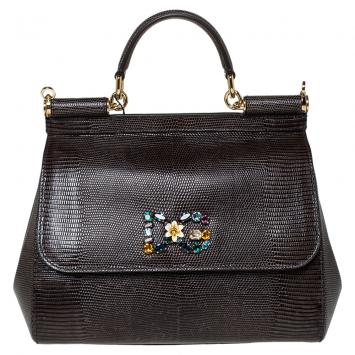 Pre Owned Dolce & Gabbana Brown Iguana Embossed Leather Crystal DG Logo Medium Miss Sicily Bag