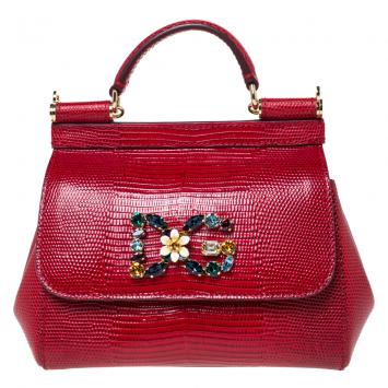 Pre Owned Dolce & Gabbana Red Iguana Embossed Leather Crystal DG Logo Mini Miss Sicily Bag