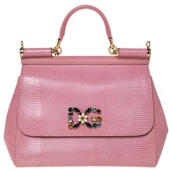 Pre Owned Dolce & Gabbana Pink Iguana Embossed Leather Crystal DG Logo Medium Miss Sicily Bag