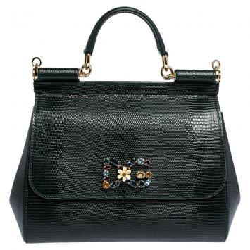 Pre Owned Dolce & Gabbana Green Iguana Embossed Leather Crystal DG Logo Medium Miss Sicily Bag