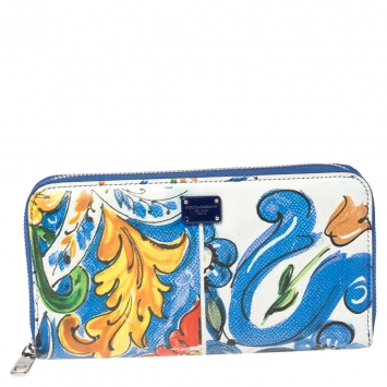 Pre Owned Dolce & Gabbana Multicolor Majolica Printed Leather Zip Around Wallet
