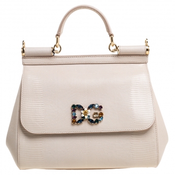 Pre Owned Dolce & Gabbana Beige Lizard Embossed Leather Crystal DG Logo Medium Miss Sicily Bag