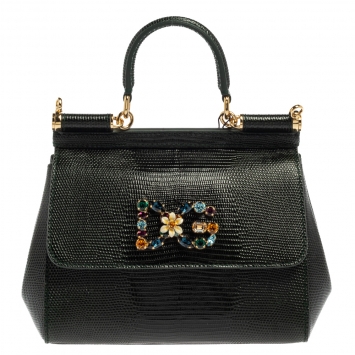 Pre Owned Dolce & Gabbana Green Lizard Embossed Leather Small Miss Sicily Top Handle Bag