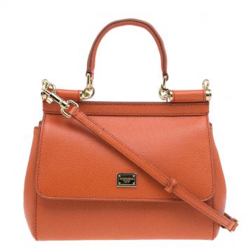 Pre Owned Dolce and Gabbana Orange Leather Small Miss Sicily Tote Bag