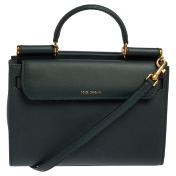 Pre Owned Dolce & Gabbana Green Leather Medium Sicily 62 Top Handle Bag