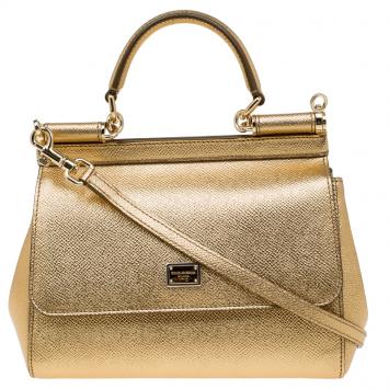 Pre Owned Dolce and Gabbana Gold Leather Small Miss Sicily Top Handle Bag