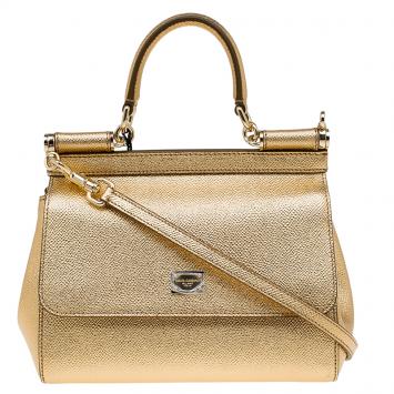 Pre Owned Dolce and Gabbana Gold Leather Small Miss Sicily Top Handle Bag