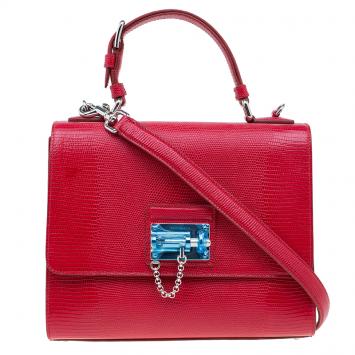 Pre Owned Dolce and Gabbana Red Lizard Embossed Leather Medium Miss Monica Top Handle Bag
