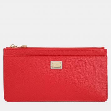 Pre Owned Dolce & Gabbana Red Logo-detailed Dauphine Leather Card Case