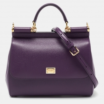 Pre Owned Dolce & Gabbana Purple Leather Medium Miss Sicily Top Handle Bag