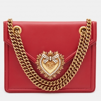 Pre Owned Dolce & Gabbana Red Leather Medium Devotion Flap Shoulder Bag