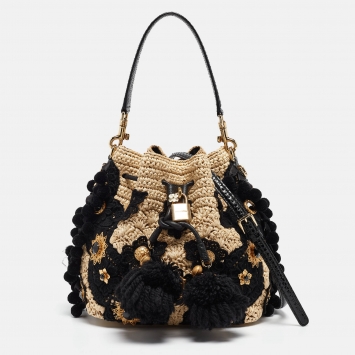 Pre Owned Dolce & Gabbana Beige/Black Raffia Crochet Embellished Claudia Bucket Bag