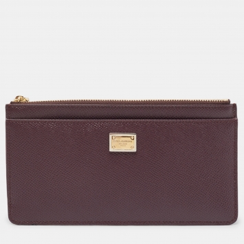 Pre Owned Dolce & Gabbana Burgundy Leather Zip Card Holder 