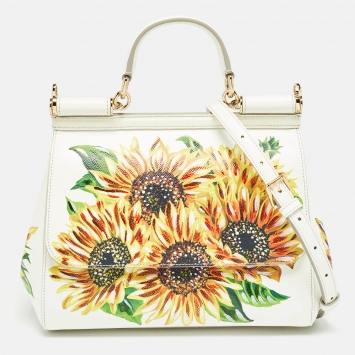 Pre Owned Dolce & Gabbana White Sunflower Print Leather Medium Miss Sicily Top Handle Bag