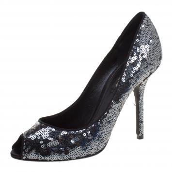 Pre Owned Dolce and Gabbana Sequin Embellished Peep Toe Pumps Size 37