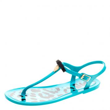 Pre Owned Dolce and Gabbana Turquoise Blue Jelly Bow Thong Flat Sandals Size 40