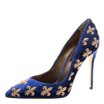 Pre Owned Dolce and Gabbana Blue Embroidered Velvet Lily Pointed Toe Pumps Size 37