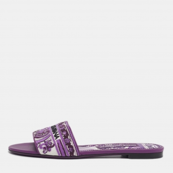 Pre Owned Dolce & Gabbana Size 37 Purple Brocade Fabric Flat Slides