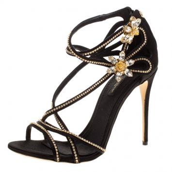 مملوكة مسبقًا Dolce and Gabbana Black Satin Crystal Embellished Sandals