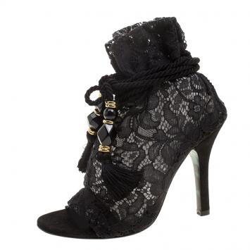 Pre Owned Dolce and Gabbana Black Lace Drawstring Tassel Peep Toe Booties Size 36