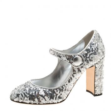 Pre Owned Dolce and Gabbana Silver Sequin Mary Jane Pumps Size 37.5
