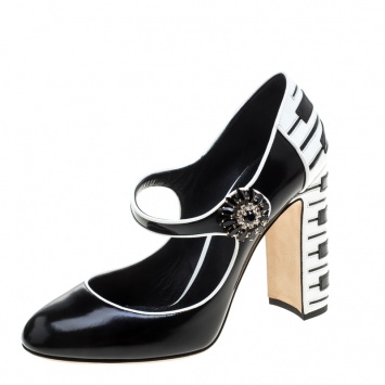 Pre Owned Dolce and Gabbana Black and White Leather Piano Detail Mary Jane Pumps Size 37