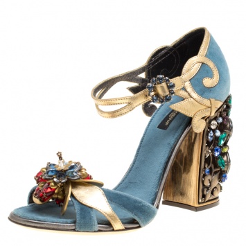 Pre Owned Dolce and Gabbana Blue Velvet and Metallic Gold Leather Crystal Embellished Heel Ankle Strap Sandals Size 38