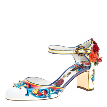 Pre Owned Dolce and Gabbana Multicolor Printed Leather Floral Embellished D'orsay Mary Jane Pumps Size 39