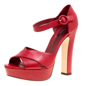 Pre Owned Dolce and Gabbana Red Embossed Lizard Leather Cross Strap Platform Sandals Size 41