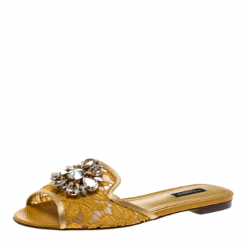 Pre Owned Dolce and Gabbana Yellow Lace Sofia Crystal Embellished Slides Size 37