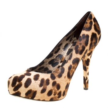 Pre Owned Dolce and Gabbana Leopard Print Pony Hair Platform Pumps Size 39