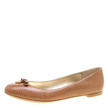 Pre Owned Dolce and Gabbana Brown Embossed Lizard Leather Bow Detail Ballet Flats Size 41