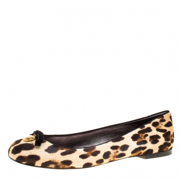 Pre Owned Dolce and Gabbana Leopard Print Pony Hair Bow Detail Ballet Flats Size 40