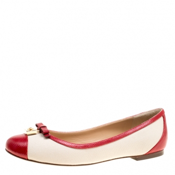 Pre Owned Dolce and Gabbana Beige Canvas And Embossed Lizard Leather Trim Bow Detail Ballet Flats Size 37.5