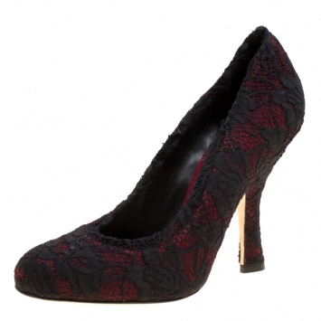 Pre Owned Dolce and Gabbana Maroon Satin and Chantilly Lace Pumps Size 38