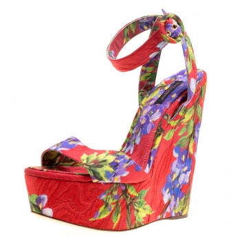 Pre Owned Dolce and Gabbana Multicolor Floral Printed Fabric Platform Wedge Sandals Size 40