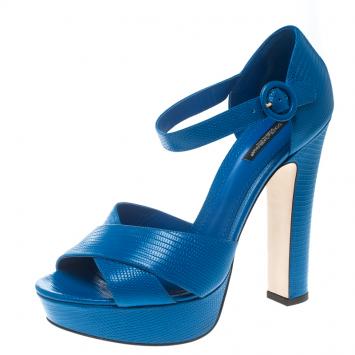 Pre Owned Dolce and Gabbana Blue Embossed Lizard Leather Cross Strap Platform Sandals Size 41