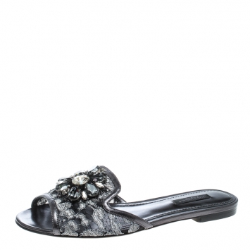 Pre Owned Dolce and Gabbana Grey Lace Sofia Crystal Embellished Slides Size 37