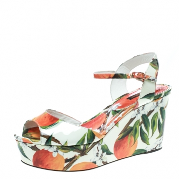 Pre Owned Dolce and Gabbana Orange Print Patent Leather Ankle Strap Platform Wedge Sandals Size 39