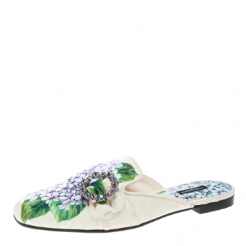 Pre Owned Dolce and Gabbana Hydrangea Print Jackie Crystal Embellished Buckle Flat Mules Size 40
